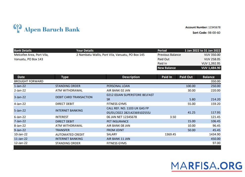 Blank Vanuatu Alpen Baruch bank statement excel template